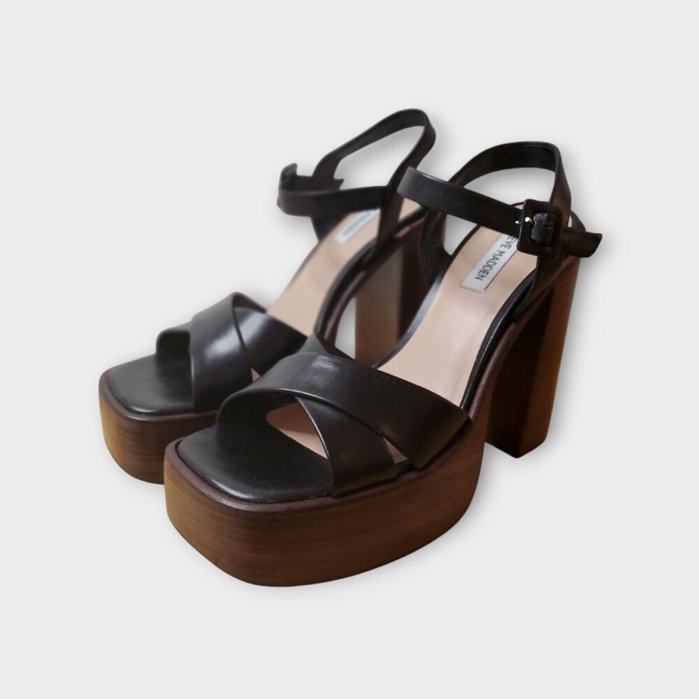 Steve Madden Dayana Size 10 Black Leather Strappy Platform Heels